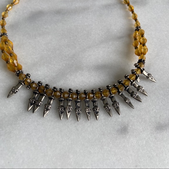 VINTAGE • Bohemian Vamp Spiked Beaded Necklace Hippie Savage Yellow Silver Tone - Picture 8 of 8